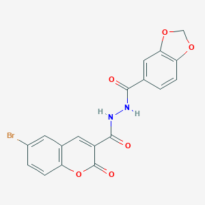 molecular formula C18H11BrN2O6 B447687 N'~3~-(1,3-BENZODIOXOL-5-YLCARBONYL)-6-BROMO-2-OXO-2H-CHROMENE-3-CARBOHYDRAZIDE 