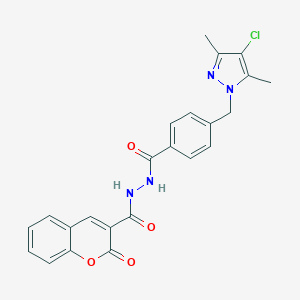 molecular formula C23H19ClN4O4 B447695 N'-[4-[(4-chloro-3,5-dimethylpyrazol-1-yl)methyl]benzoyl]-2-oxochromene-3-carbohydrazide CAS No. 386737-03-7