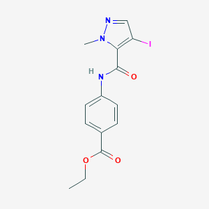 molecular formula C14H14IN3O3 B447729 ethyl 4-{[(4-iodo-1-methyl-1H-pyrazol-5-yl)carbonyl]amino}benzoate 