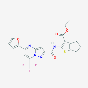 molecular formula C22H17F3N4O4S B447765 ethyl 2-({[5-(2-furyl)-7-(trifluoromethyl)pyrazolo[1,5-a]pyrimidin-2-yl]carbonyl}amino)-5,6-dihydro-4H-cyclopenta[b]thiophene-3-carboxylate 