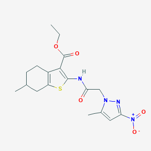 molecular formula C18H22N4O5S B447766 ETHYL 6-METHYL-2-{[2-(5-METHYL-3-NITRO-1H-PYRAZOL-1-YL)ACETYL]AMINO}-4,5,6,7-TETRAHYDRO-1-BENZOTHIOPHENE-3-CARBOXYLATE 