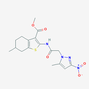 molecular formula C17H20N4O5S B447771 METHYL 6-METHYL-2-{[2-(5-METHYL-3-NITRO-1H-PYRAZOL-1-YL)ACETYL]AMINO}-4,5,6,7-TETRAHYDRO-1-BENZOTHIOPHENE-3-CARBOXYLATE 