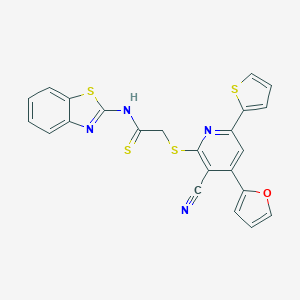 molecular formula C23H14N4OS4 B447772 N-(1,3-BENZOTHIAZOL-2-YL)-2-{[3-CYANO-4-(2-FURYL)-6-(2-THIENYL)-2-PYRIDYL]SULFANYL}ETHANETHIOAMIDE 