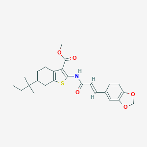 molecular formula C25H29NO5S B447824 METHYL 2-{[(E)-3-(1,3-BENZODIOXOL-5-YL)-2-PROPENOYL]AMINO}-6-(TERT-PENTYL)-4,5,6,7-TETRAHYDRO-1-BENZOTHIOPHENE-3-CARBOXYLATE 