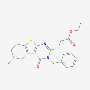 molecular formula C22H24N2O3S2 B447976 Ethyl [(3-benzyl-6-methyl-4-oxo-3,4,5,6,7,8-hexahydro[1]benzothieno[2,3-d]pyrimidin-2-yl)sulfanyl]acetate CAS No. 327168-58-1