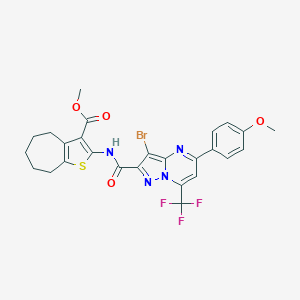molecular formula C26H22BrF3N4O4S B448094 methyl 2-({[3-bromo-5-(4-methoxyphenyl)-7-(trifluoromethyl)pyrazolo[1,5-a]pyrimidin-2-yl]carbonyl}amino)-5,6,7,8-tetrahydro-4H-cyclohepta[b]thiophene-3-carboxylate 