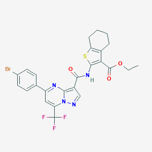 molecular formula C25H20BrF3N4O3S B448178 Ethyl 2-({[5-(4-bromophenyl)-7-(trifluoromethyl)pyrazolo[1,5-a]pyrimidin-3-yl]carbonyl}amino)-4,5,6,7-tetrahydro-1-benzothiophene-3-carboxylate 
