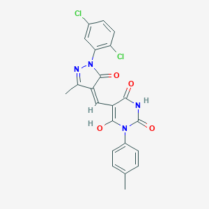 molecular formula C22H16Cl2N4O4 B448179 5-{[1-(2,5-dichlorophenyl)-3-methyl-5-oxo-1,5-dihydro-4H-pyrazol-4-ylidene]methyl}-6-hydroxy-3-(4-methylphenyl)-2,4(1H,3H)-pyrimidinedione 