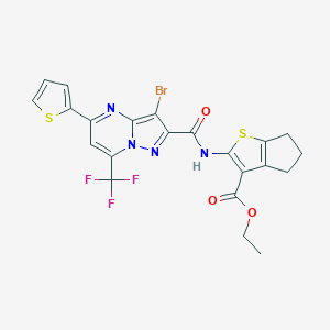 molecular formula C22H16BrF3N4O3S2 B448199 ethyl 2-({[3-bromo-5-(2-thienyl)-7-(trifluoromethyl)pyrazolo[1,5-a]pyrimidin-2-yl]carbonyl}amino)-5,6-dihydro-4H-cyclopenta[b]thiophene-3-carboxylate 