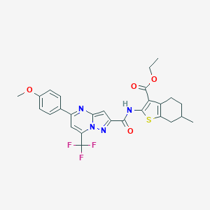 molecular formula C27H25F3N4O4S B448217 Ethyl 2-({[5-(4-methoxyphenyl)-7-(trifluoromethyl)pyrazolo[1,5-a]pyrimidin-2-yl]carbonyl}amino)-6-methyl-4,5,6,7-tetrahydro-1-benzothiophene-3-carboxylate 