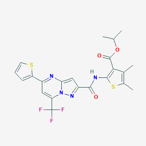 molecular formula C22H19F3N4O3S2 B448227 Isopropyl 4,5-dimethyl-2-({[5-(2-thienyl)-7-(trifluoromethyl)pyrazolo[1,5-a]pyrimidin-2-yl]carbonyl}amino)-3-thiophenecarboxylate 