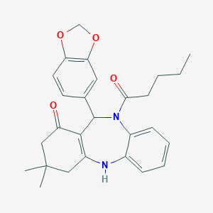 molecular formula C27H30N2O4 B448350 6-(1,3-Benzodioxol-5-yl)-9,9-dimethyl-5-pentanoyl-6,8,10,11-tetrahydrobenzo[b][1,4]benzodiazepin-7-one 