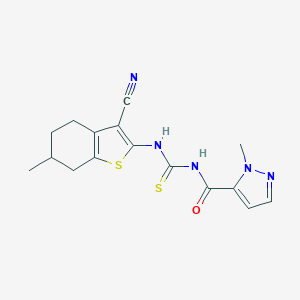 molecular formula C16H17N5OS2 B448637 N-(3-CYANO-6-METHYL-4,5,6,7-TETRAHYDRO-1-BENZOTHIOPHEN-2-YL)-N'-[(1-METHYL-1H-PYRAZOL-5-YL)CARBONYL]THIOUREA 
