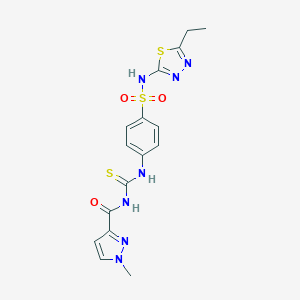 molecular formula C16H17N7O3S3 B448646 N-(5-ETHYL-1,3,4-THIADIAZOL-2-YL)-4-[({[(1-METHYL-1H-PYRAZOL-3-YL)CARBONYL]AMINO}CARBOTHIOYL)AMINO]-1-BENZENESULFONAMIDE 