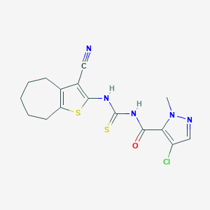molecular formula C16H16ClN5OS2 B448652 N-[(4-CHLORO-1-METHYL-1H-PYRAZOL-5-YL)CARBONYL]-N'-(3-CYANO-5,6,7,8-TETRAHYDRO-4H-CYCLOHEPTA[B]THIOPHEN-2-YL)THIOUREA 