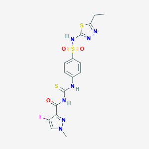 molecular formula C16H16IN7O3S3 B448657 N-(5-ETHYL-1,3,4-THIADIAZOL-2-YL)-4-[({[(4-IODO-1-METHYL-1H-PYRAZOL-3-YL)CARBONYL]AMINO}CARBOTHIOYL)AMINO]-1-BENZENESULFONAMIDE 