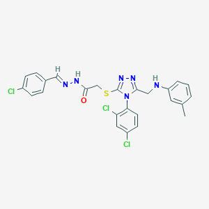 molecular formula C25H21Cl3N6OS B449097 N'~1~-[(E)-1-(4-CHLOROPHENYL)METHYLIDENE]-2-{[4-(2,4-DICHLOROPHENYL)-5-(3-TOLUIDINOMETHYL)-4H-1,2,4-TRIAZOL-3-YL]SULFANYL}ACETOHYDRAZIDE 