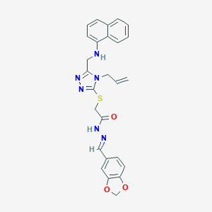 molecular formula C26H24N6O3S B449168 2-({4-allyl-5-[(1-naphthylamino)methyl]-4H-1,2,4-triazol-3-yl}sulfanyl)-N'-(1,3-benzodioxol-5-ylmethylene)acetohydrazide 
