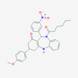 10-hexanoyl-11-{3-nitrophenyl}-3-(4-methoxyphenyl)-2,3,4,5,10,11-hexahydro-1H-dibenzo[b,e][1,4]diazepin-1-one