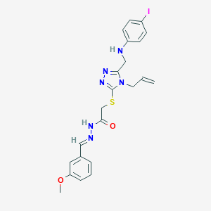 molecular formula C22H23IN6O2S B449561 2-({4-allyl-5-[(4-iodoanilino)methyl]-4H-1,2,4-triazol-3-yl}sulfanyl)-N'-(3-methoxybenzylidene)acetohydrazide 