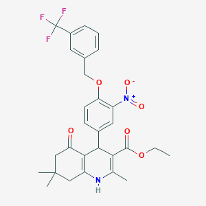 molecular formula C29H29F3N2O6 B449582 ETHYL 2,7,7-TRIMETHYL-4-(3-NITRO-4-{[3-(TRIFLUOROMETHYL)BENZYL]OXY}PHENYL)-5-OXO-1,4,5,6,7,8-HEXAHYDRO-3-QUINOLINECARBOXYLATE 