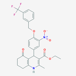 molecular formula C27H25F3N2O6 B449591 ETHYL 2-METHYL-4-(3-NITRO-4-{[3-(TRIFLUOROMETHYL)BENZYL]OXY}PHENYL)-5-OXO-1,4,5,6,7,8-HEXAHYDRO-3-QUINOLINECARBOXYLATE 