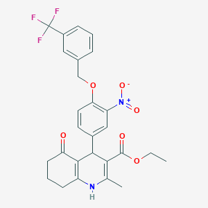 molecular formula C27H25F3N2O6 B449591 Ethyl 2-methyl-4-(3-nitro-4-{[3-(trifluoromethyl)benzyl]oxy}phenyl)-5-oxo-1,4,5,6,7,8-hexahydroquinoline-3-carboxylate 
