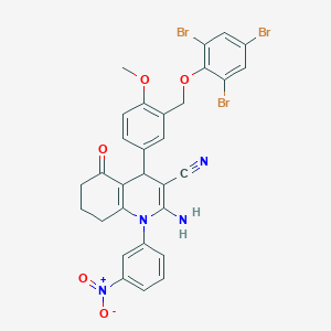 molecular formula C30H23Br3N4O5 B449723 2-Amino-1-{3-nitrophenyl}-4-{4-methoxy-3-[(2,4,6-tribromophenoxy)methyl]phenyl}-5-oxo-1,4,5,6,7,8-hexahydro-3-quinolinecarbonitrile 