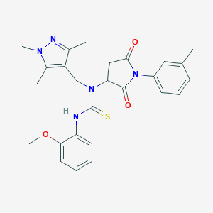 molecular formula C26H29N5O3S B449729 N'-(2-methoxyphenyl)-N-[1-(3-methylphenyl)-2,5-dioxo-3-pyrrolidinyl]-N-[(1,3,5-trimethyl-1H-pyrazol-4-yl)methyl]thiourea 