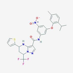 molecular formula C28H26F3N5O4S B449806 N~3~-[3-(2-ISOPROPYL-5-METHYLPHENOXY)-5-NITROPHENYL]-5-(2-THIENYL)-7-(TRIFLUOROMETHYL)-4,5,6,7-TETRAHYDROPYRAZOLO[1,5-A]PYRIMIDINE-3-CARBOXAMIDE 