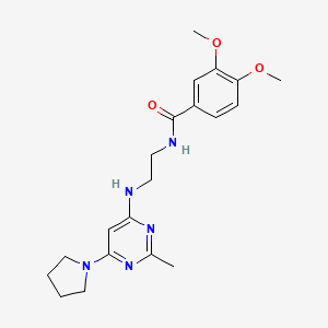 molecular formula C20H27N5O3 B4498215 3,4-dimethoxy-N-(2-{[2-methyl-6-(1-pyrrolidinyl)-4-pyrimidinyl]amino}ethyl)benzamide 