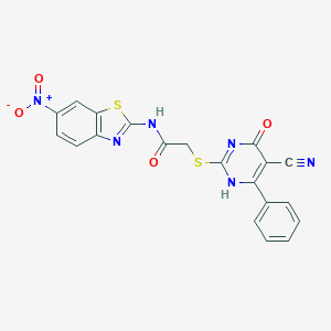 molecular formula C20H12N6O4S2 B449860 2-[(5-cyano-4-oxo-6-phenyl-1H-pyrimidin-2-yl)sulfanyl]-N-(6-nitro-1,3-benzothiazol-2-yl)acetamide 