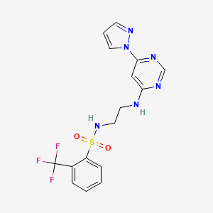 molecular formula C16H15F3N6O2S B4499625 N-(2-{[6-(1H-pyrazol-1-yl)-4-pyrimidinyl]amino}ethyl)-2-(trifluoromethyl)benzenesulfonamide 