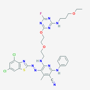 molecular formula C32H32Cl2FN11O3S B045049 2-Anilino-5-[(4,6-dichloro-1,3-benzothiazol-2-yl)diazenyl]-6-[2-[2-[[4-(3-ethoxypropylamino)-6-fluoro-1,3,5-triazin-2-yl]oxy]ethoxy]ethylamino]-4-methylpyridine-3-carbonitrile CAS No. 113969-09-8