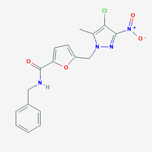 molecular formula C17H15ClN4O4 B450584 N-BENZYL-5-[(4-CHLORO-5-METHYL-3-NITRO-1H-PYRAZOL-1-YL)METHYL]-2-FURAMIDE 