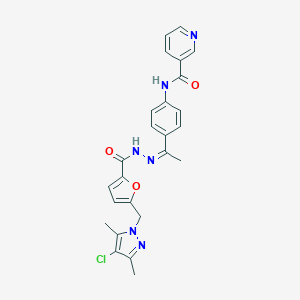 molecular formula C25H23ClN6O3 B450668 N-[4-(N-{5-[(4-chloro-3,5-dimethyl-1H-pyrazol-1-yl)methyl]-2-furoyl}ethanehydrazonoyl)phenyl]nicotinamide 