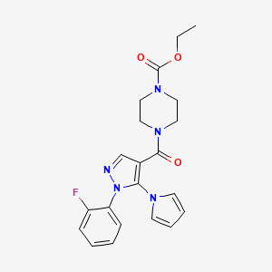 molecular formula C21H22FN5O3 B4507797 ethyl 4-[1-(2-fluorophenyl)-5-(1H-pyrrol-1-yl)-1H-pyrazole-4-carbonyl]piperazine-1-carboxylate 