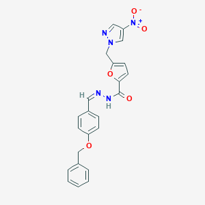 molecular formula C23H19N5O5 B450824 N'~2~-{(Z)-1-[4-(BENZYLOXY)PHENYL]METHYLIDENE}-5-[(4-NITRO-1H-PYRAZOL-1-YL)METHYL]-2-FUROHYDRAZIDE 