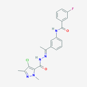 molecular formula C21H19ClFN5O2 B450913 N-(3-{N-[(4-chloro-1,3-dimethyl-1H-pyrazol-5-yl)carbonyl]ethanehydrazonoyl}phenyl)-3-fluorobenzamide 