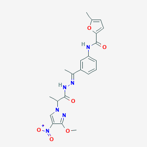 molecular formula C21H22N6O6 B451040 N-{3-[N-(2-{4-nitro-3-methoxy-1H-pyrazol-1-yl}propanoyl)ethanehydrazonoyl]phenyl}-5-methyl-2-furamide 