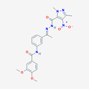 molecular formula C23H24N6O6 B451053 N-{3-[N-({4-nitro-1,3-dimethyl-1H-pyrazol-5-yl}carbonyl)ethanehydrazonoyl]phenyl}-3,4-dimethoxybenzamide 