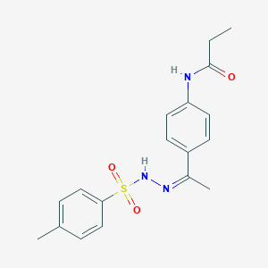 molecular formula C18H21N3O3S B451080 N-(4-{N-[(4-methylphenyl)sulfonyl]ethanehydrazonoyl}phenyl)propanamide 