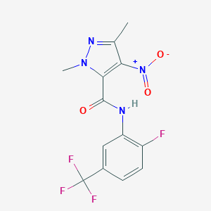 molecular formula C13H10F4N4O3 B451284 N~5~-[2-FLUORO-5-(TRIFLUOROMETHYL)PHENYL]-1,3-DIMETHYL-4-NITRO-1H-PYRAZOLE-5-CARBOXAMIDE 