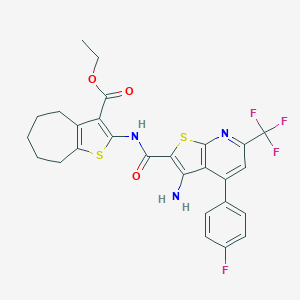 molecular formula C27H23F4N3O3S2 B451366 ethyl 2-({[3-amino-4-(4-fluorophenyl)-6-(trifluoromethyl)thieno[2,3-b]pyridin-2-yl]carbonyl}amino)-5,6,7,8-tetrahydro-4H-cyclohepta[b]thiophene-3-carboxylate 