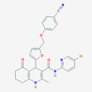 molecular formula C28H23BrN4O4 B451475 N~3~-(5-BROMO-2-PYRIDYL)-4-{5-[(4-CYANOPHENOXY)METHYL]-2-FURYL}-2-METHYL-5-OXO-1,4,5,6,7,8-HEXAHYDRO-3-QUINOLINECARBOXAMIDE 