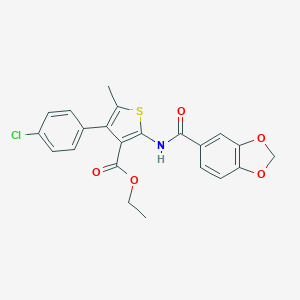 molecular formula C22H18ClNO5S B451501 ETHYL 2-(2H-1,3-BENZODIOXOLE-5-AMIDO)-4-(4-CHLOROPHENYL)-5-METHYLTHIOPHENE-3-CARBOXYLATE 