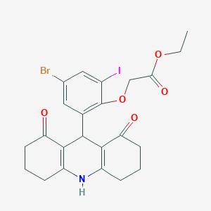 molecular formula C23H23BrINO5 B451661 ETHYL 2-[4-BROMO-2-(1,8-DIOXO-1,2,3,4,5,6,7,8,9,10-DECAHYDRO-9-ACRIDINYL)-6-IODOPHENOXY]ACETATE 
