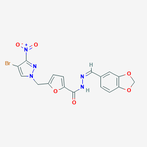 molecular formula C17H12BrN5O6 B451711 N'-(1,3-benzodioxol-5-ylmethylene)-5-({4-bromo-3-nitro-1H-pyrazol-1-yl}methyl)-2-furohydrazide 