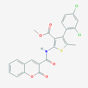 molecular formula C23H15Cl2NO5S B451794 methyl 4-(2,4-dichlorophenyl)-5-methyl-2-{[(2-oxo-2H-chromen-3-yl)carbonyl]amino}thiophene-3-carboxylate 