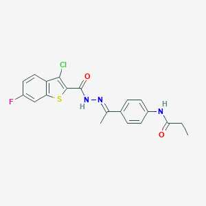 molecular formula C20H17ClFN3O2S B451833 N-(4-{N-[(3-chloro-6-fluoro-1-benzothien-2-yl)carbonyl]ethanehydrazonoyl}phenyl)propanamide 